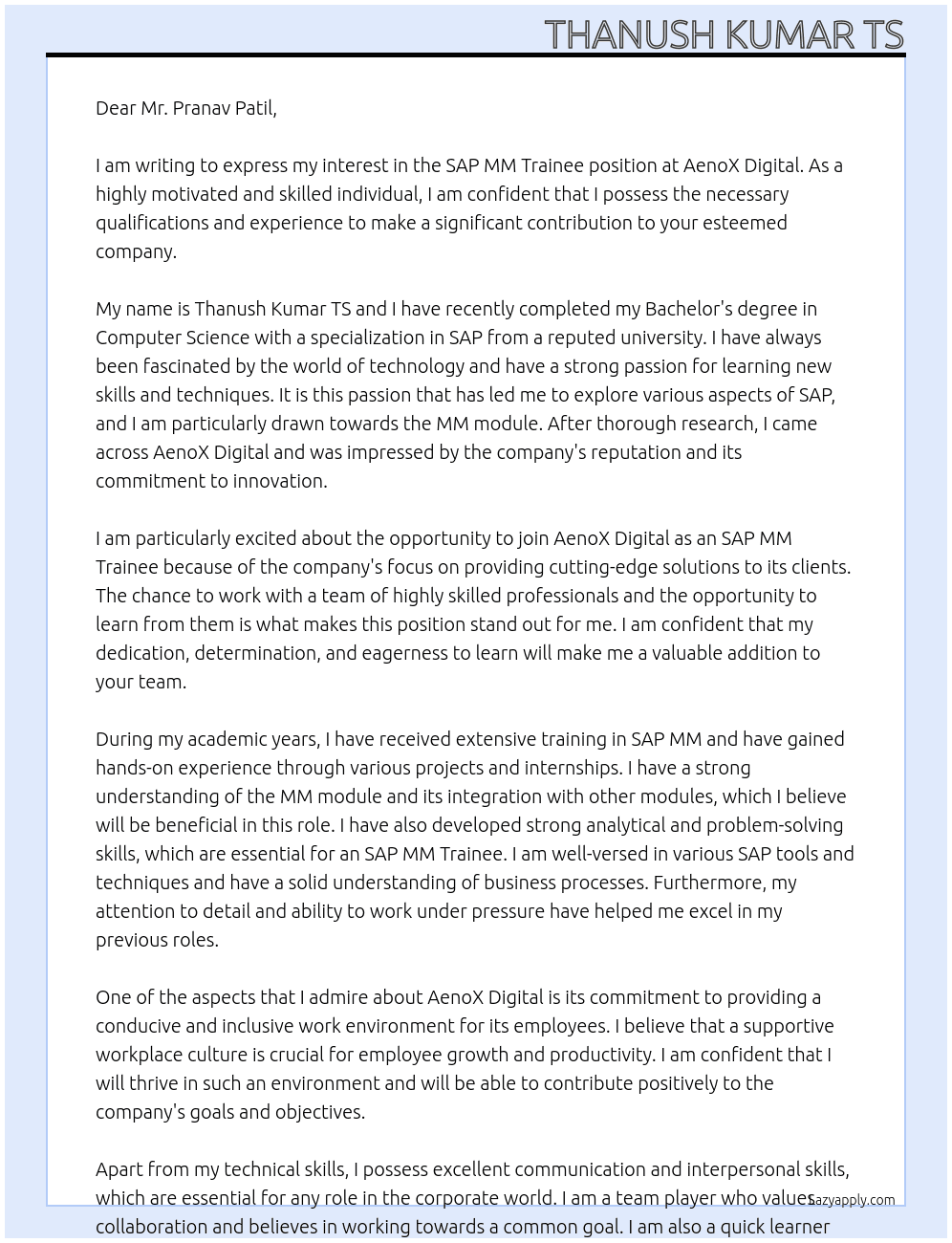 SAP MM Trainee At AenoX Digital Cover Letter