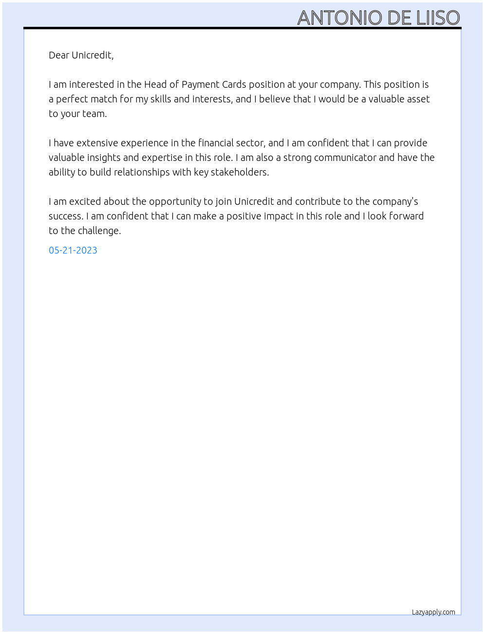 Head of Payment Cards At Unicredit Cover Letter