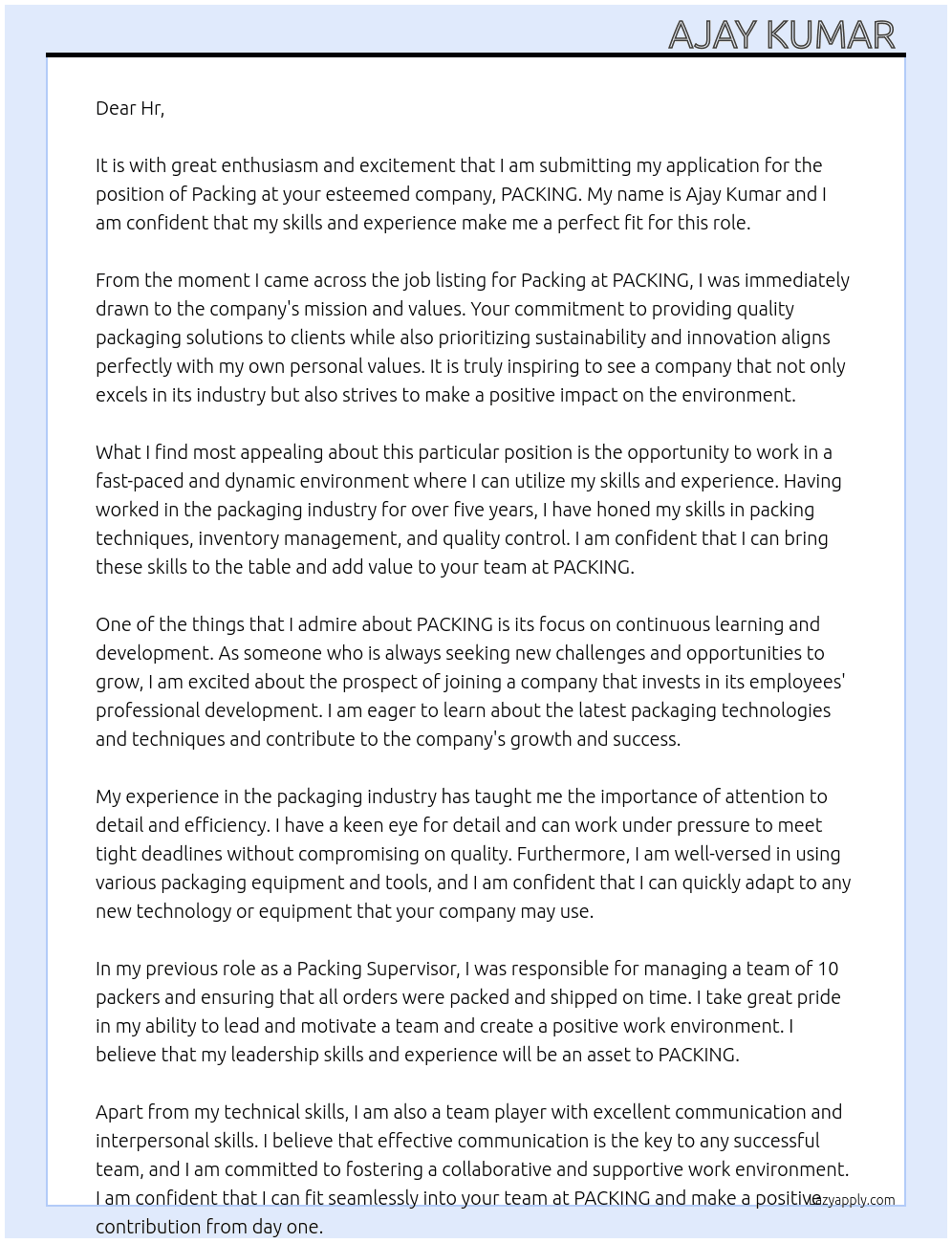 PACKING At PACKING  Cover Letter
