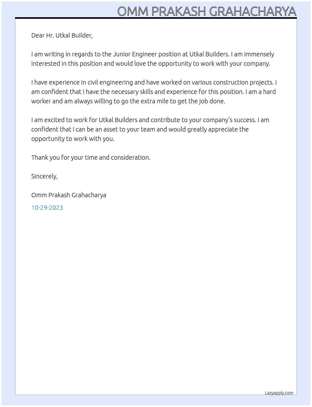 Junior Engineer At Utkal Builders Cover Letter