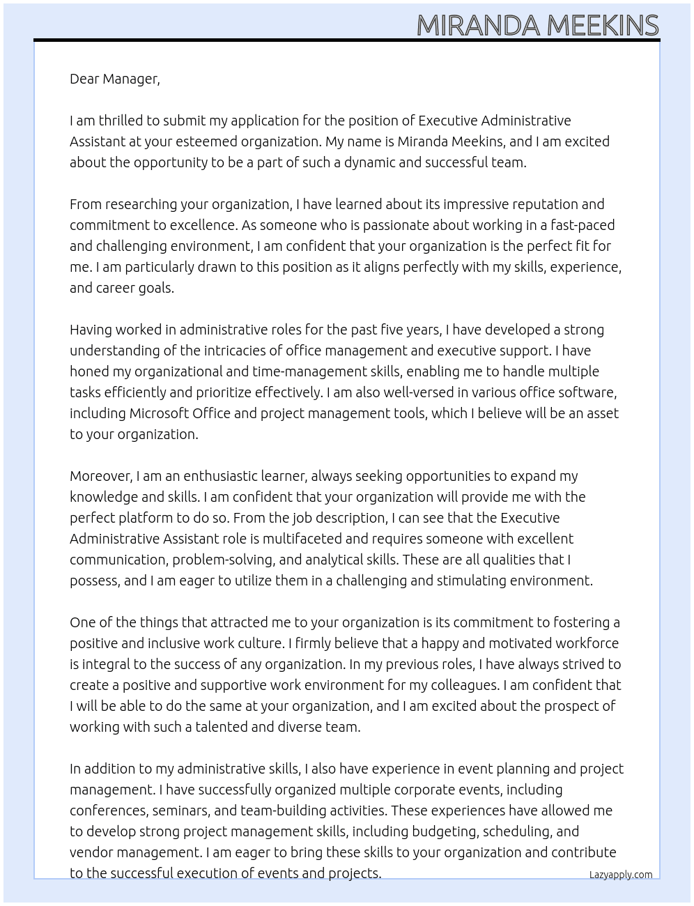 Executive Administrative Assistant At your organization Cover Letter