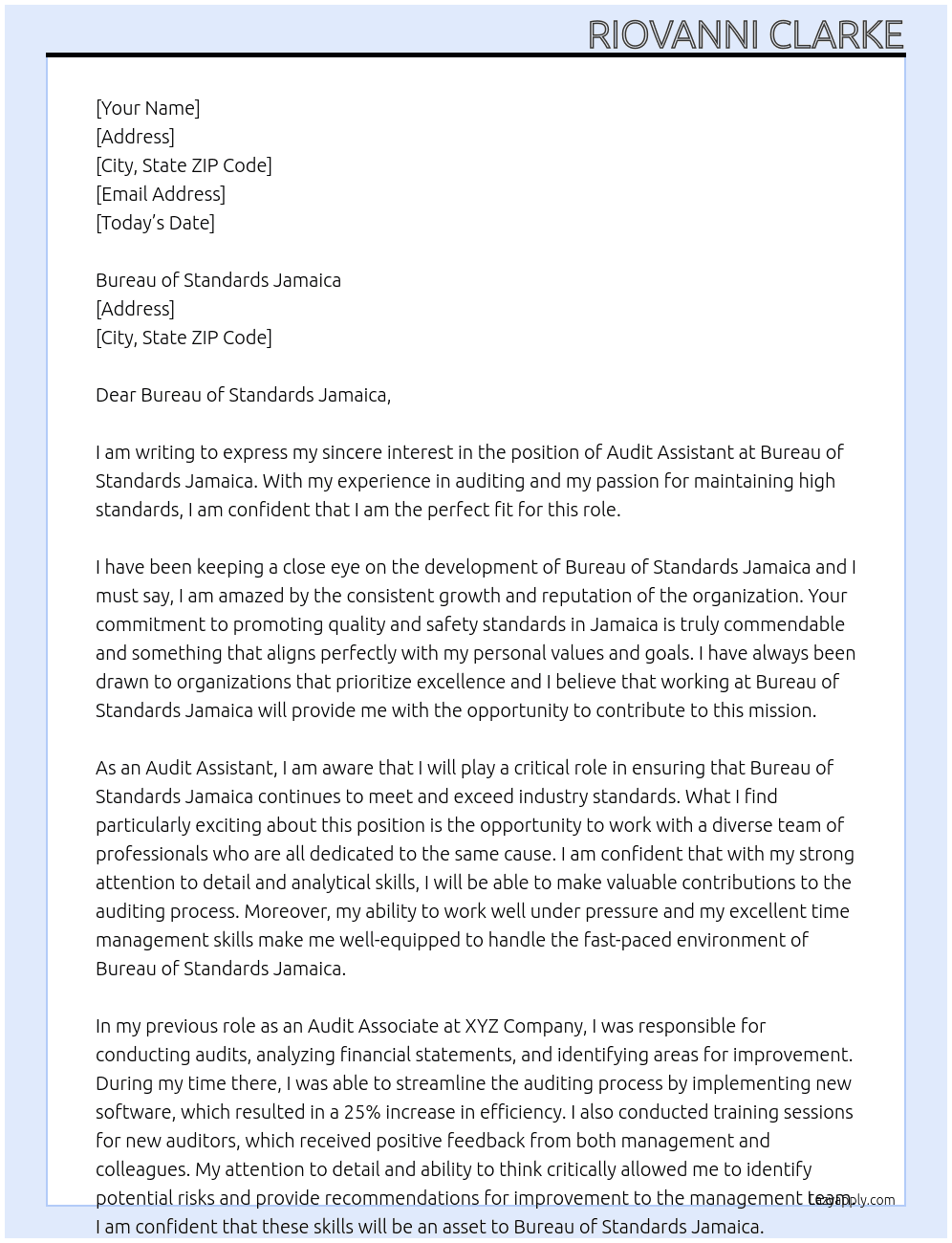 Audit Assistant At Bureau Of Standards Jamaica Cover Letter