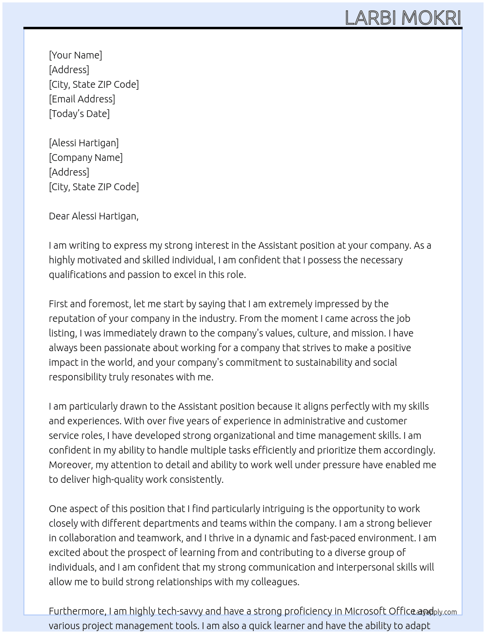 Assistant Position At Alessi Hartigan Cover Letter