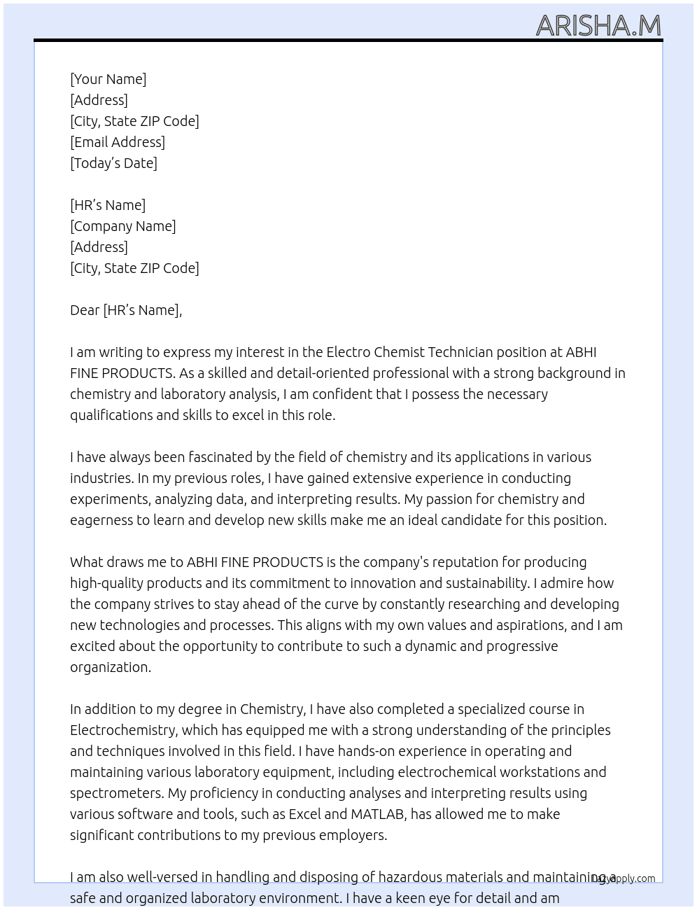 Electro chemist technichian At ABHI FINE PRODUCTS Cover Letter