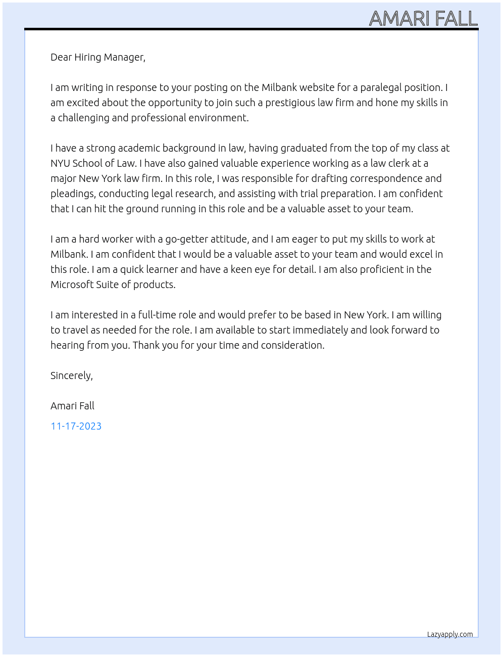 Paralegal At Milbank Cover Letter