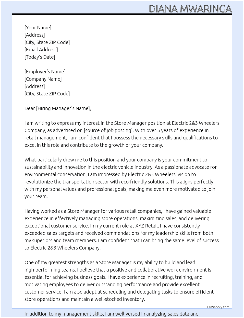 Store Manager At Electric 2&3 Wheelers company Cover Letter
