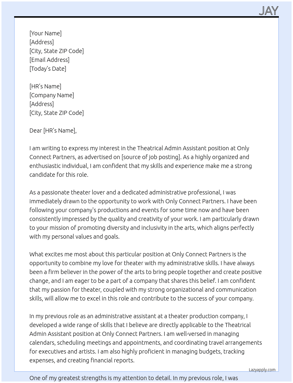 Theatrical Admin assistant At Only Connect Partners Cover Letter