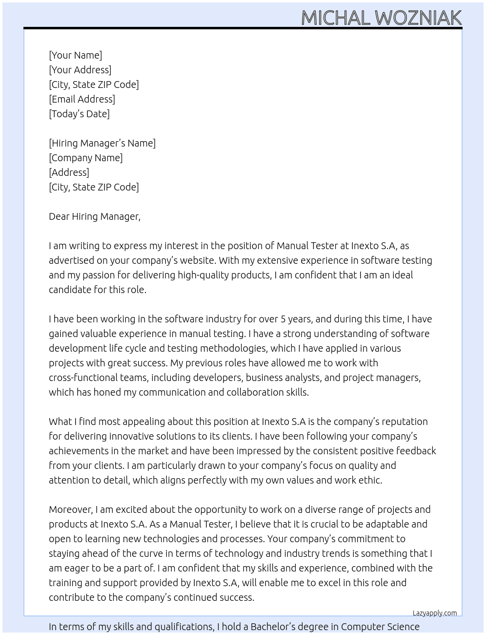 Manual Tester At Inexto S.A Cover Letter