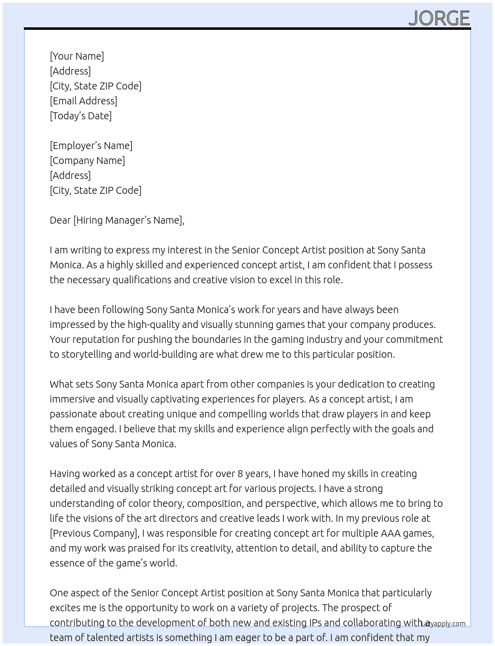 Senior concept artist At sony santa monica Cover Letter
