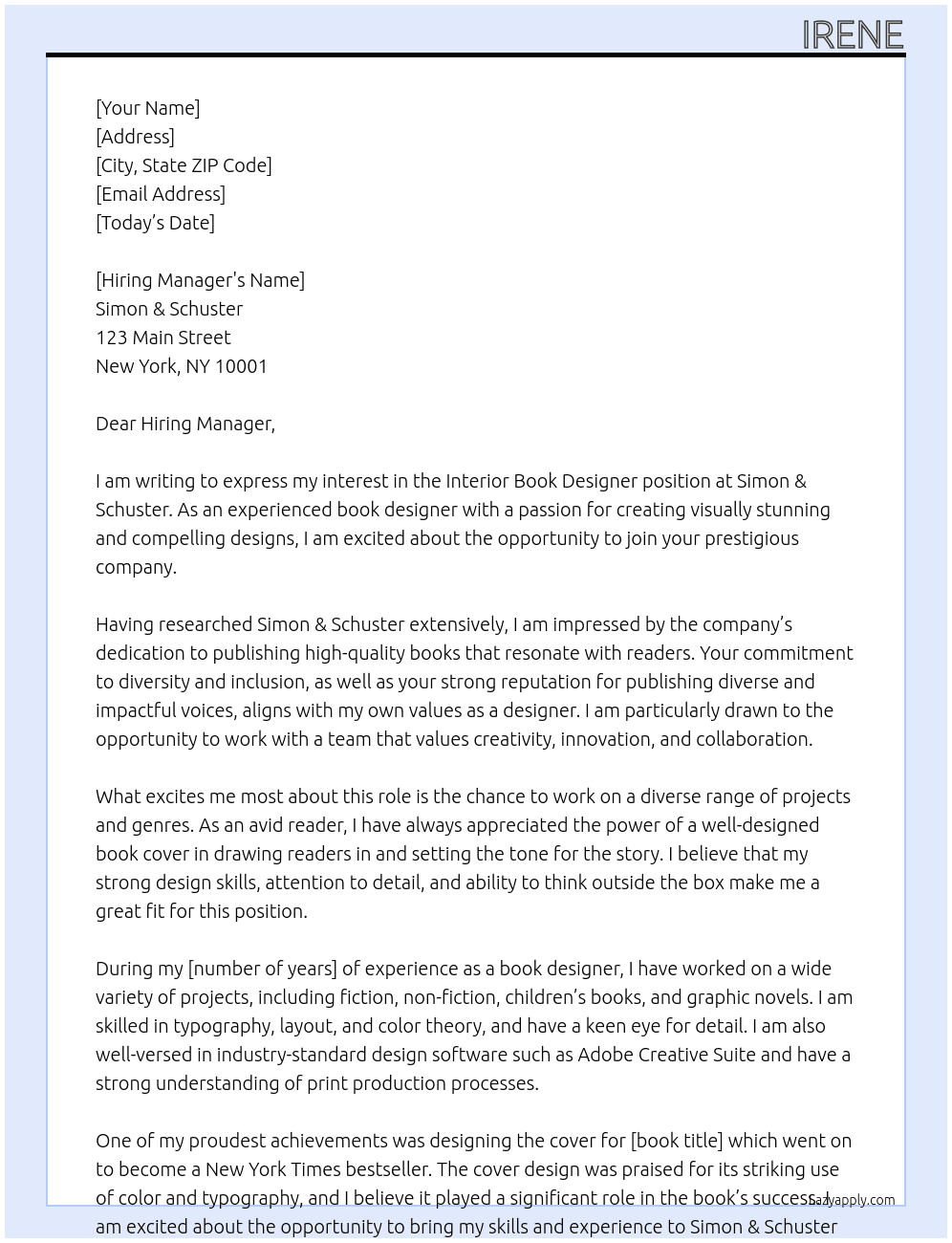 Interior Book Designer At Simon & Schuster Cover Letter