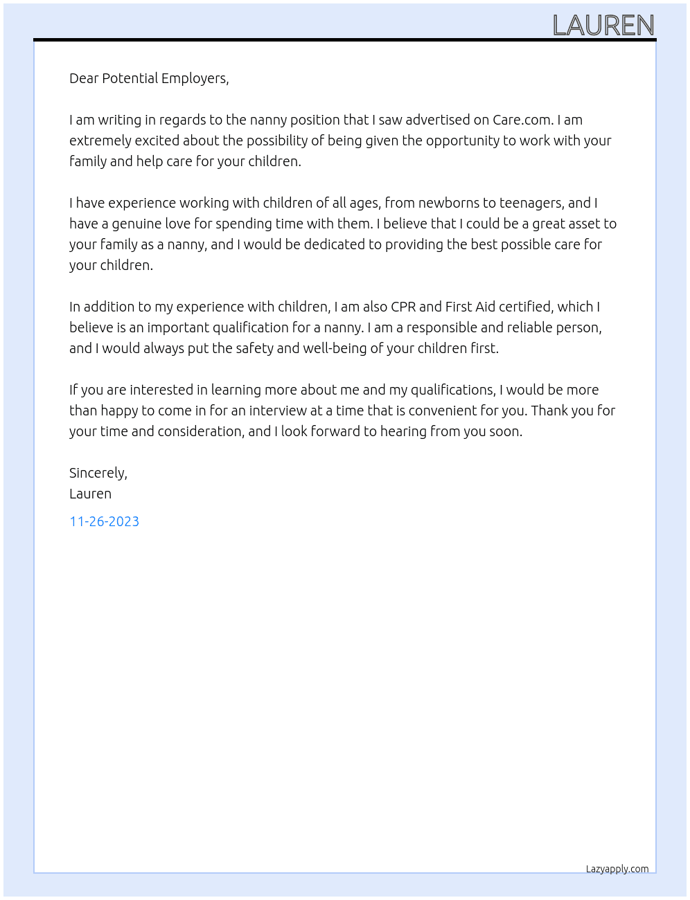Nanny At Care. Com Cover Letter