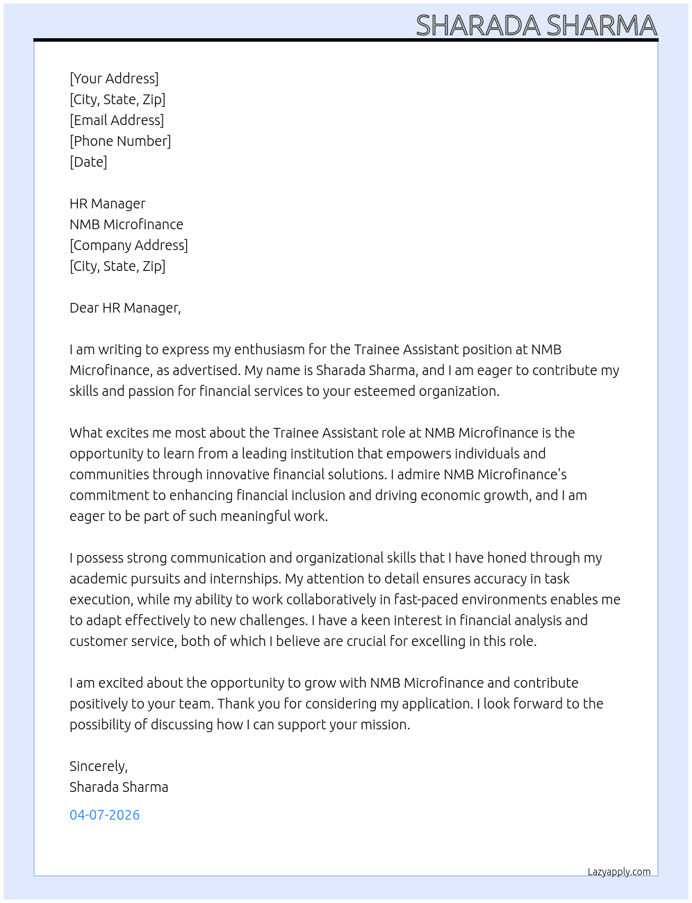trainee assistant At NMB Microfinance Cover Letter