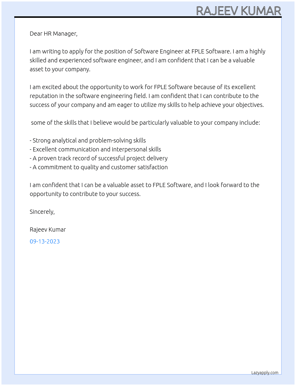 Software engineer  At FPLE Software  Cover Letter