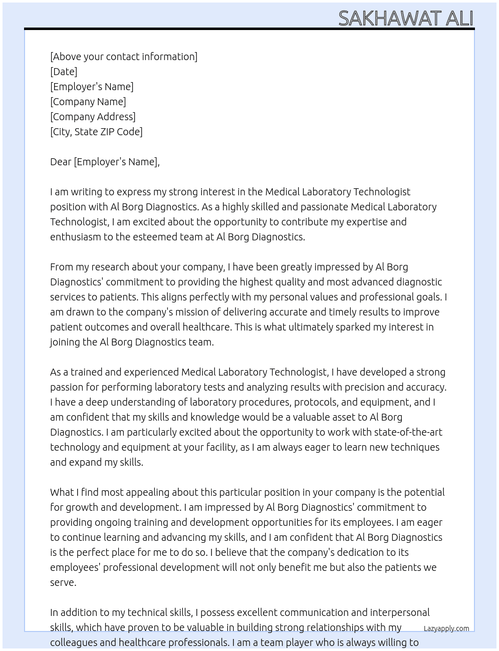 Medical Laboratory Technologist At Al Borg Diagnostics Cover Letter