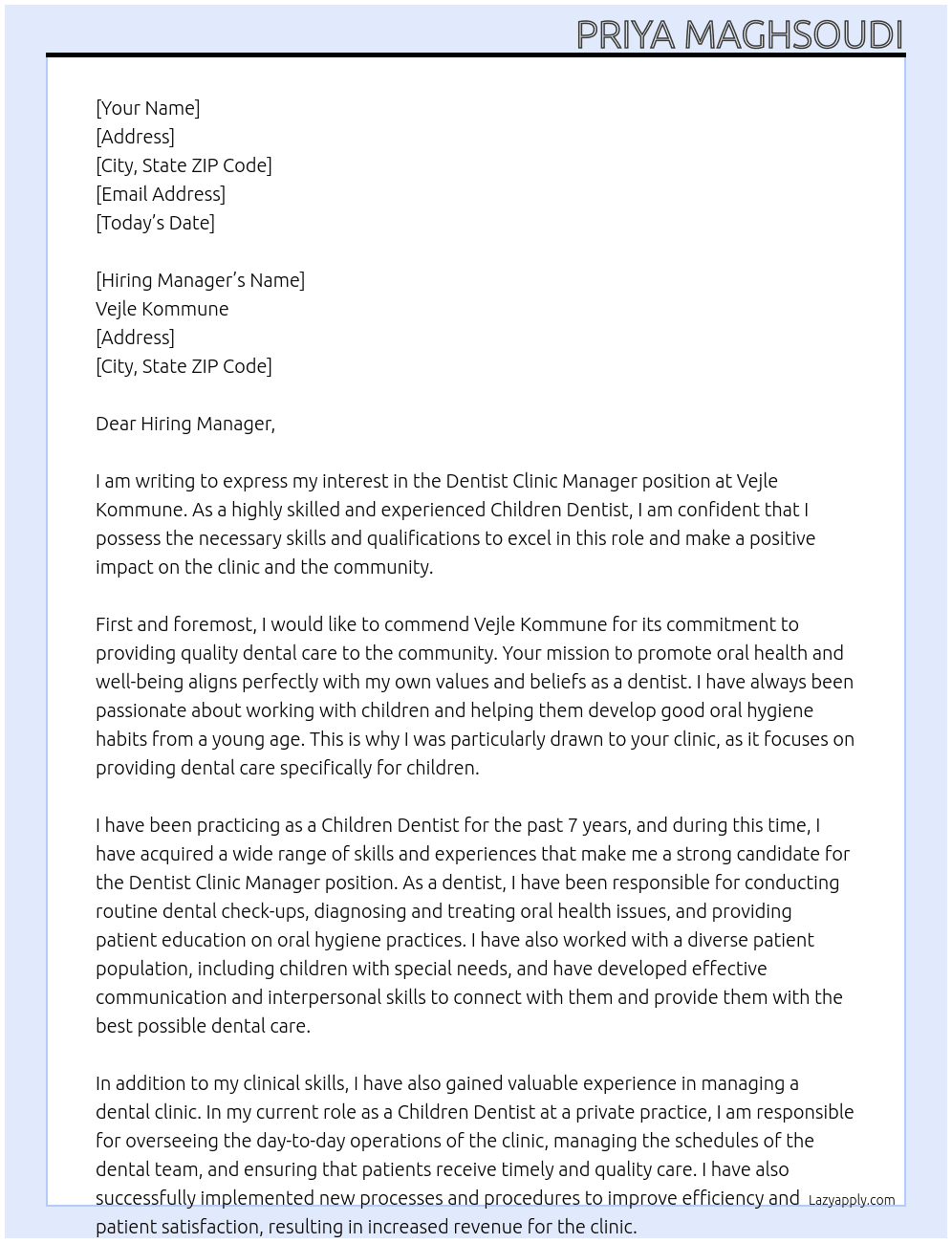Dentist clinic manager At Vejle Kommune Cover Letter
