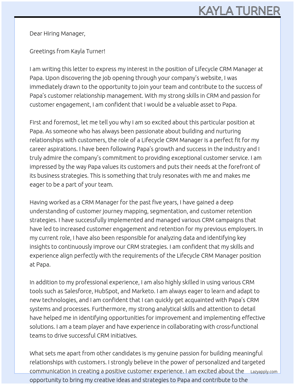 Lifecycle CRM Manager At Papa Cover Letter