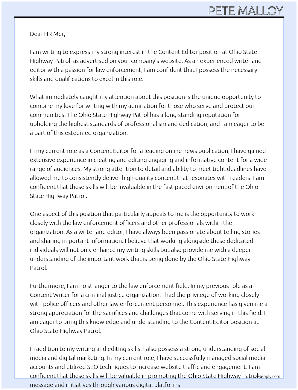 Content Editor At Ohio State Highway Patrol Cover Letter