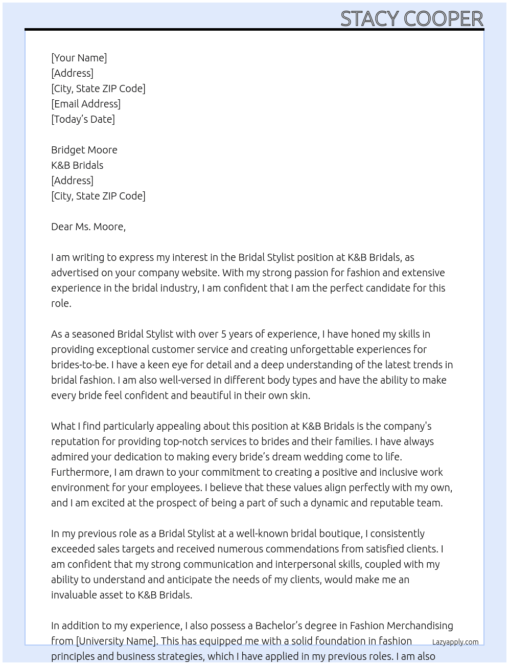 Bridal Stylist At K&B Bridals Cover Letter