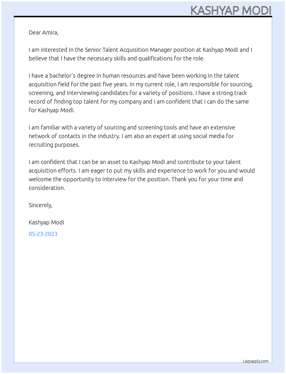 Senior Talent Acquisition Manager At Kashyap Modi Cover Letter