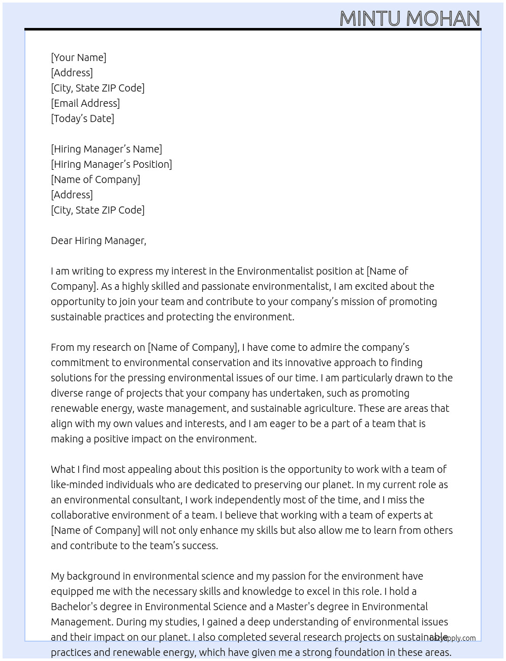 envionmentalist At environmental agency  Cover Letter