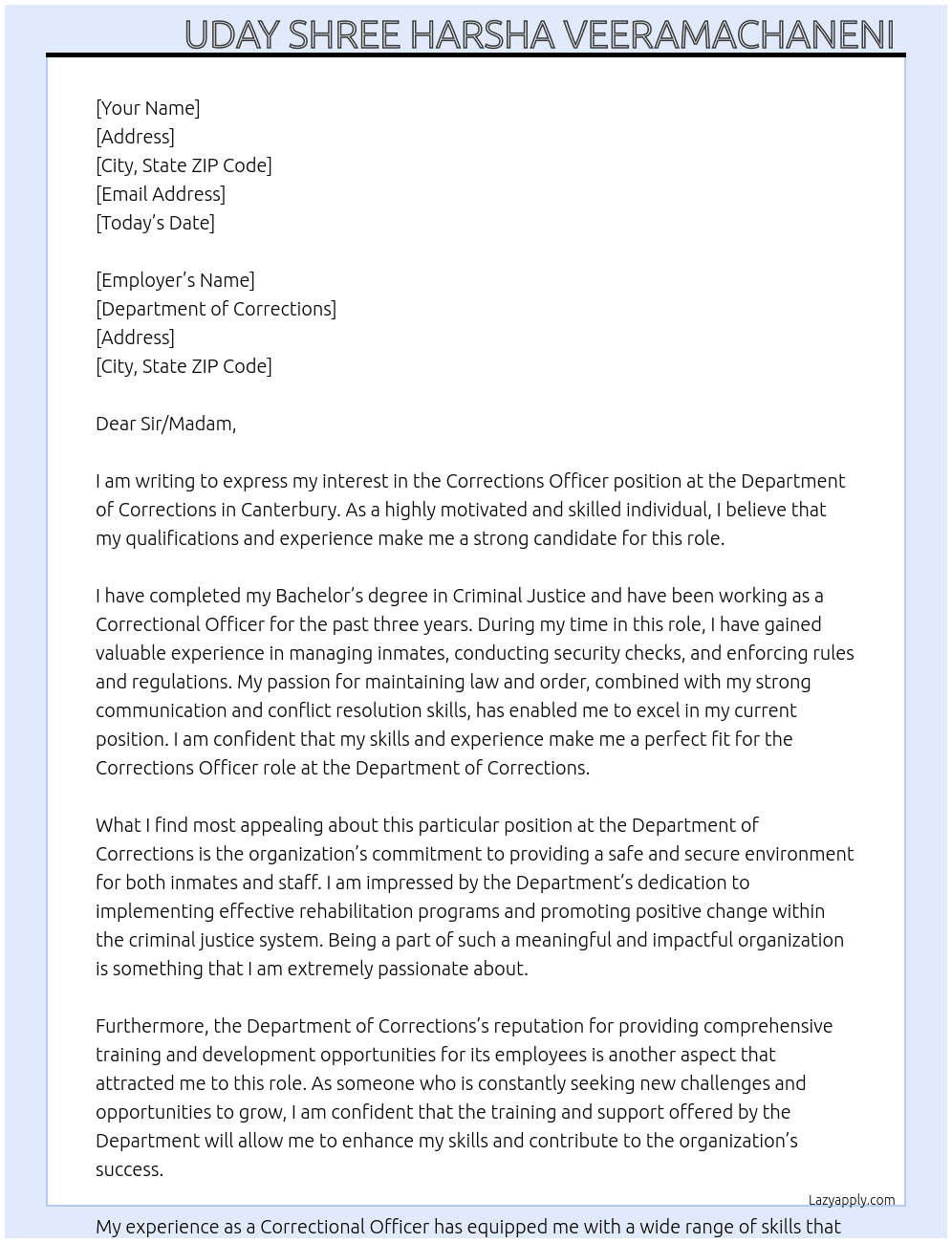 Corrections officer  At Department of Corrections's  Cover Letter