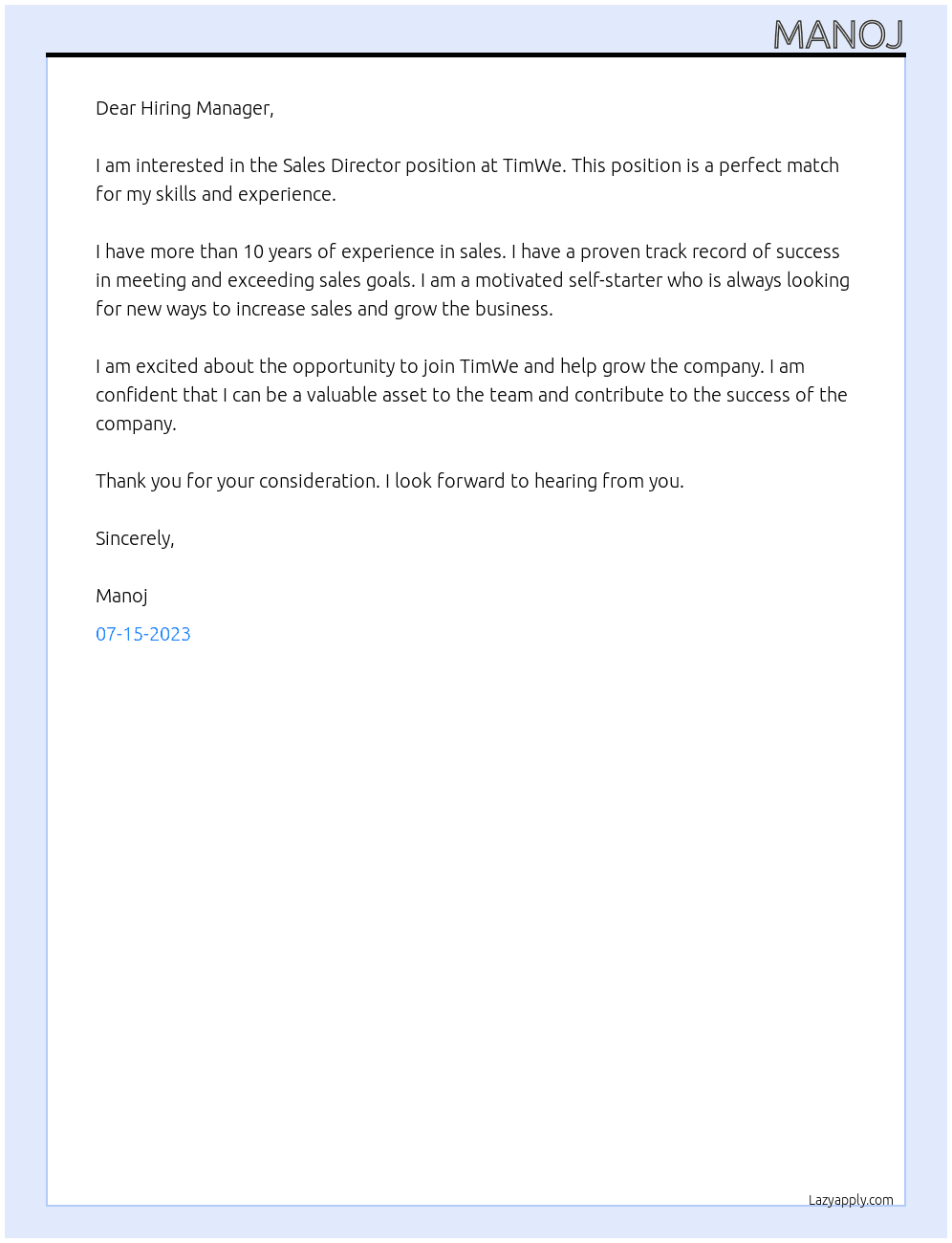 Sales Director At TimWe Cover Letter