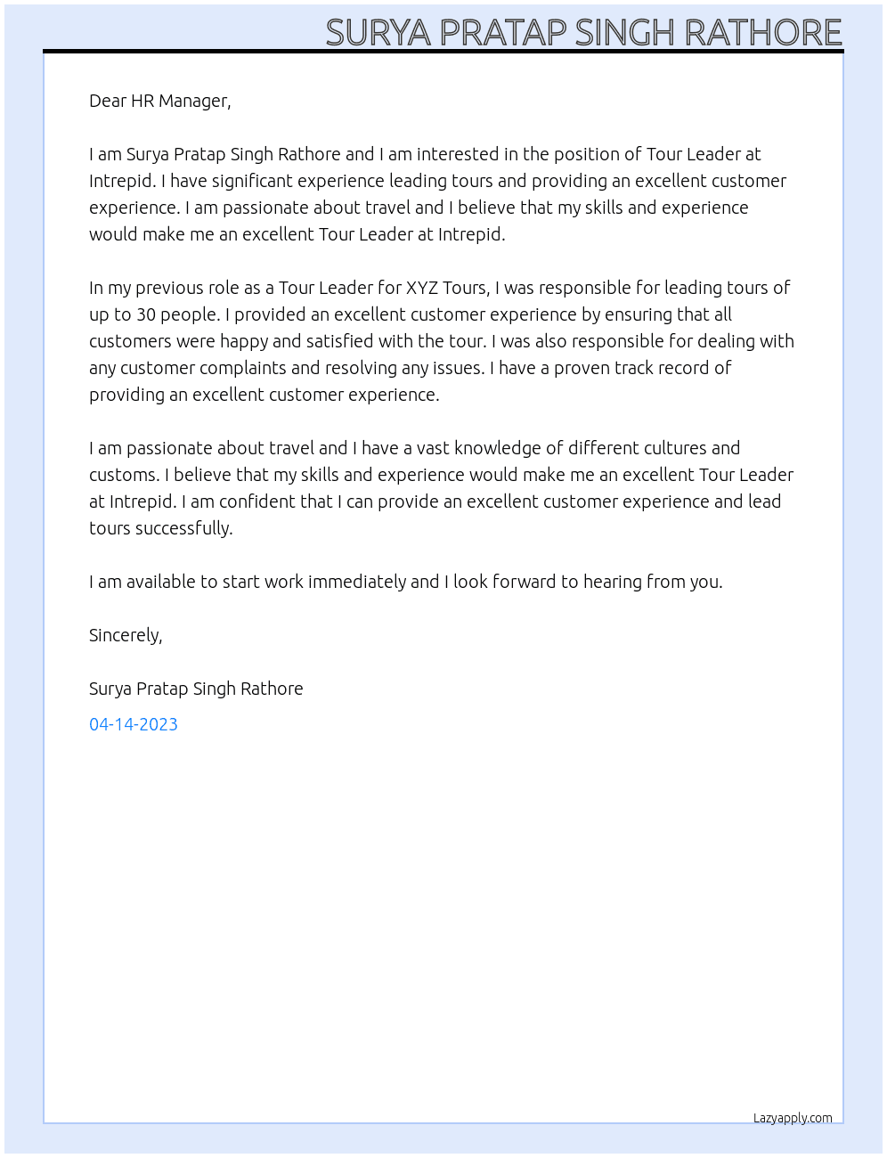 Tour Leader At Intrepid Cover Letter