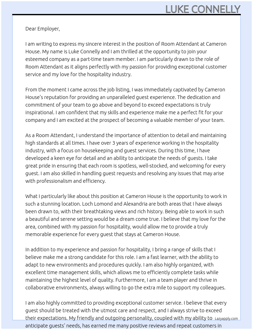 Room Attendant At Cameron house Cover Letter