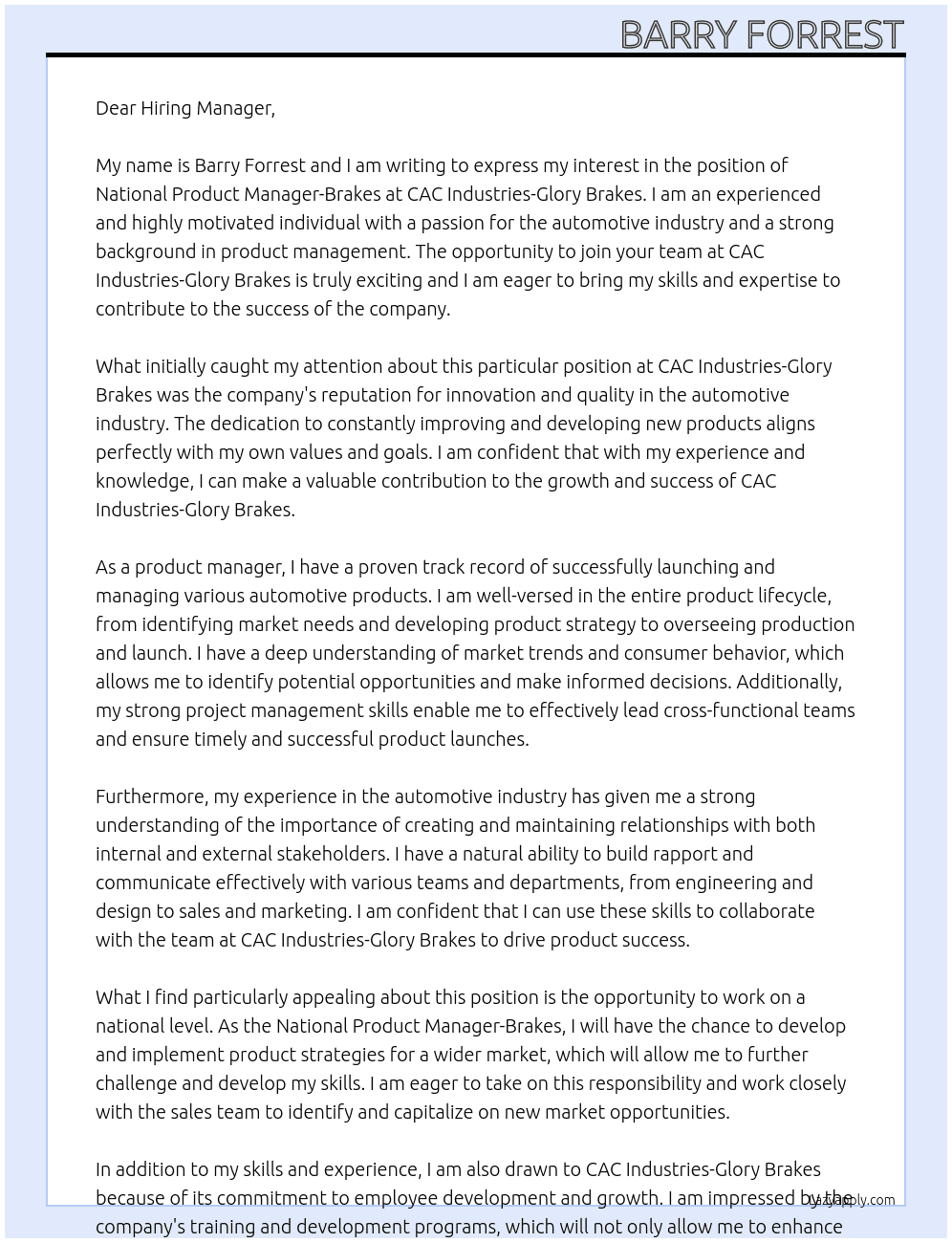 National Product Manager-Brakes At CAC Industries-Glory Brakes Cover Letter