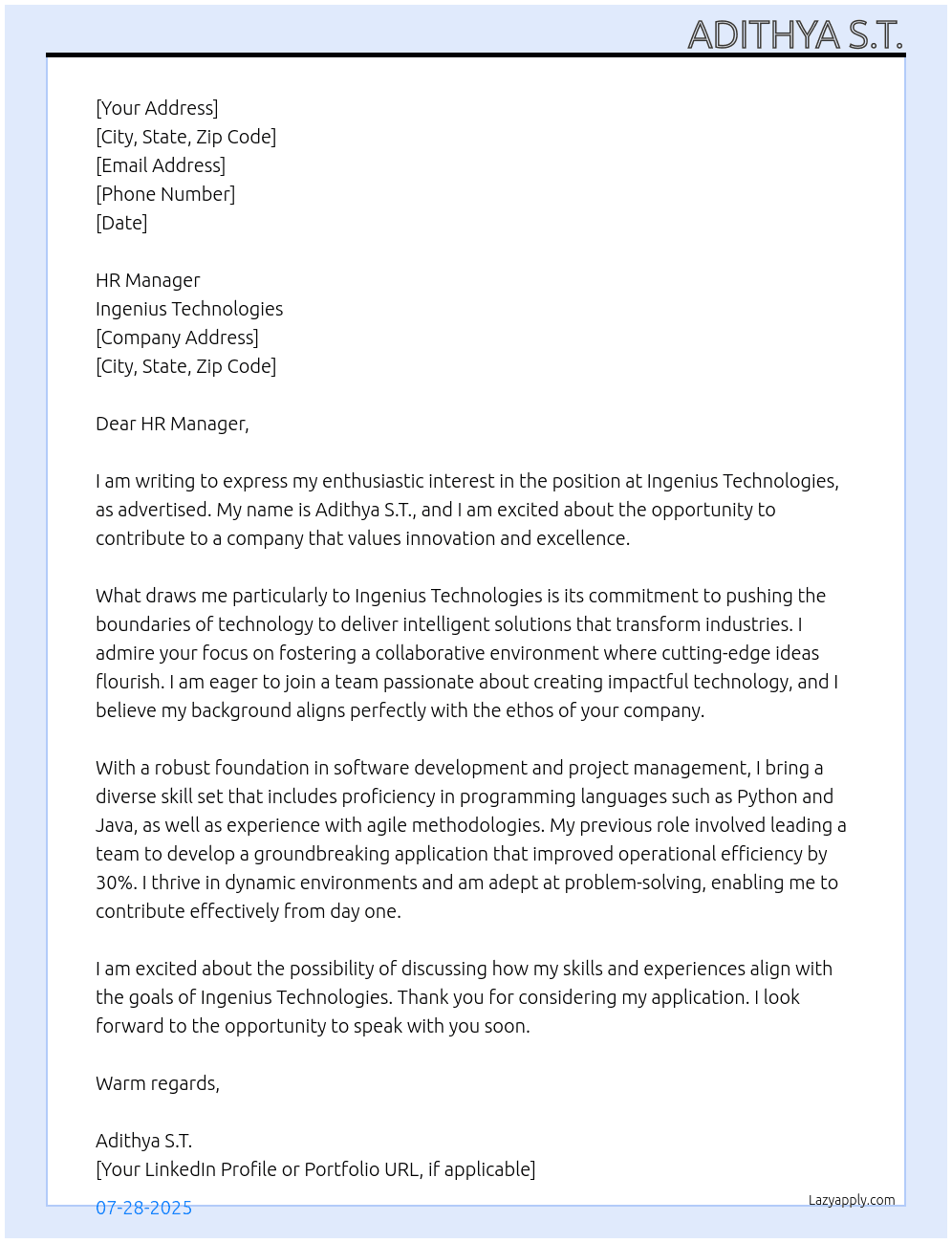 Ingenius Technologies At Ingenius Technologies Cover Letter