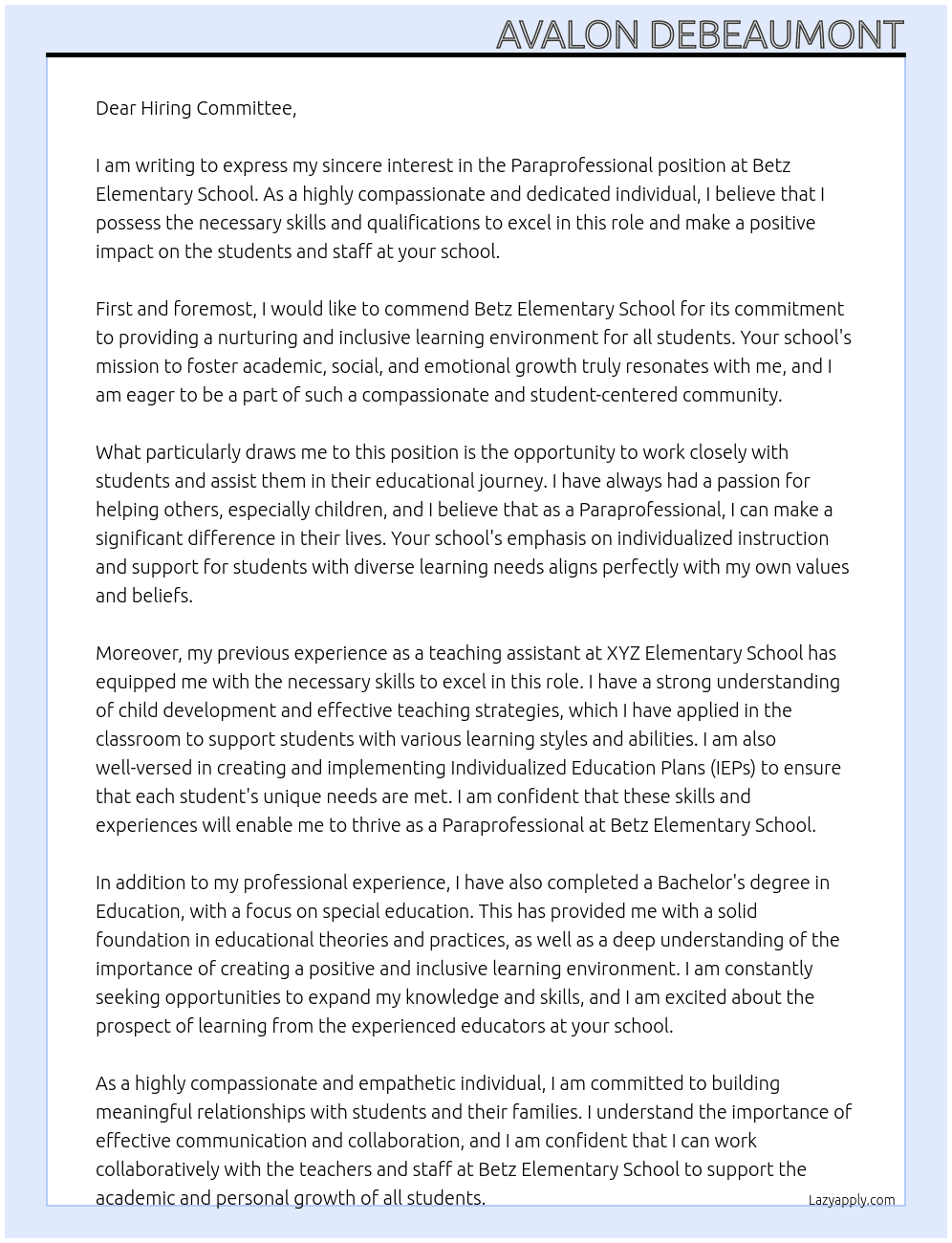 Paraprofessional  At Betz Elementary School  Cover Letter