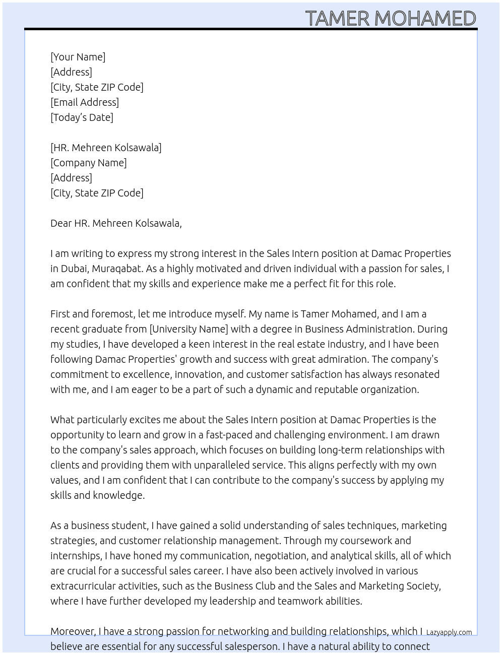 Sales Intern At Damac Properties Cover Letter