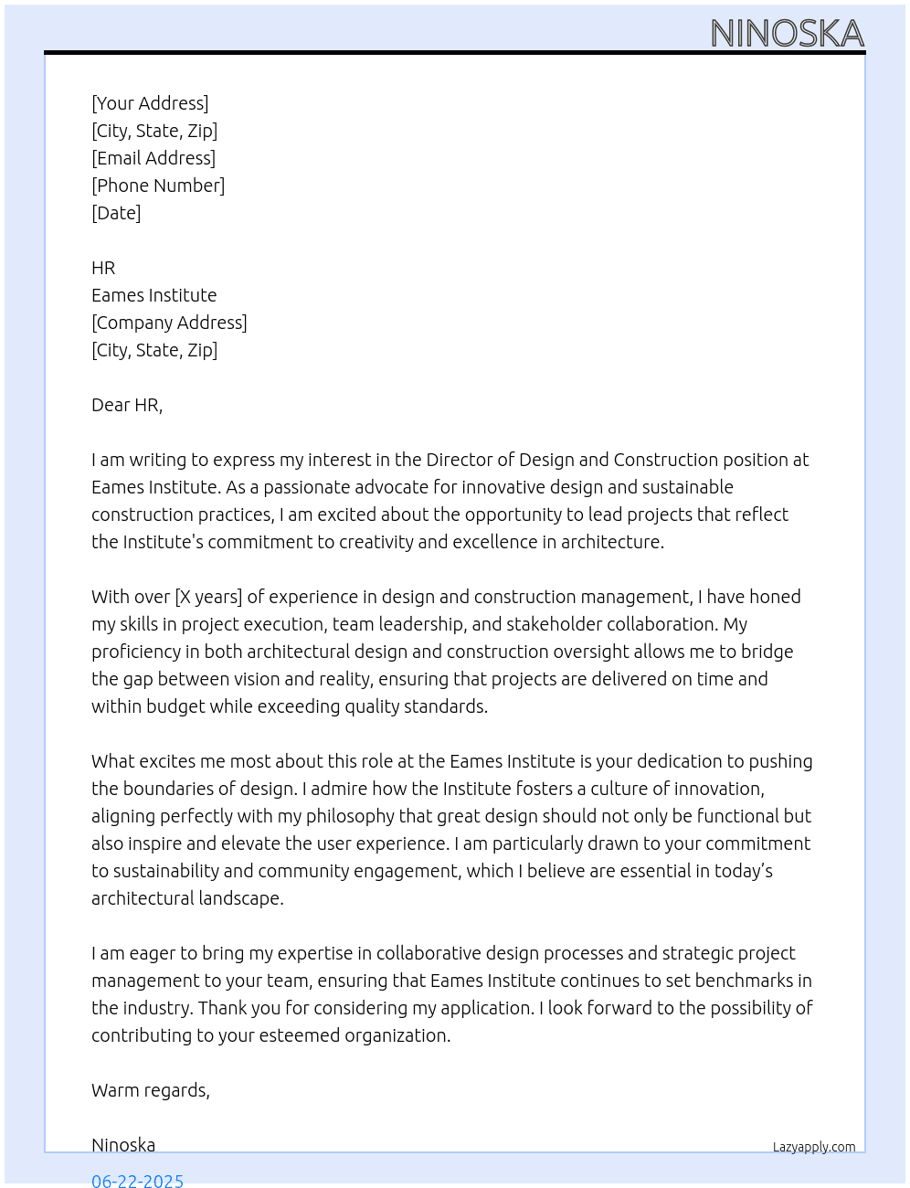 Director of Design and Construction At Eames Institute Cover Letter