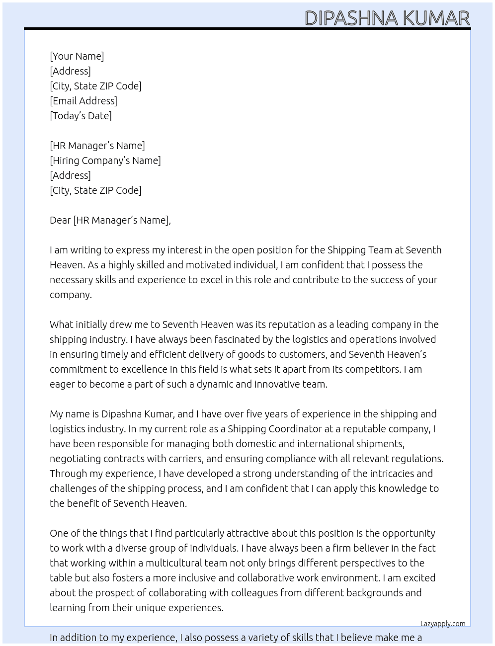 Shipping team  At Seventh heaven  Cover Letter