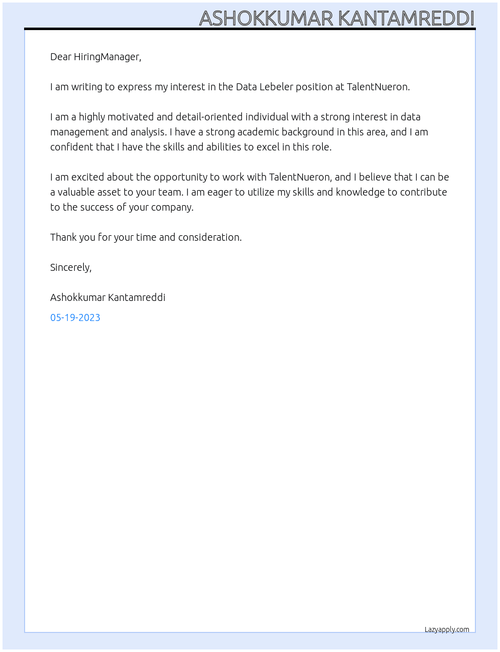 Data Lebeler At TalentNueron Cover Letter