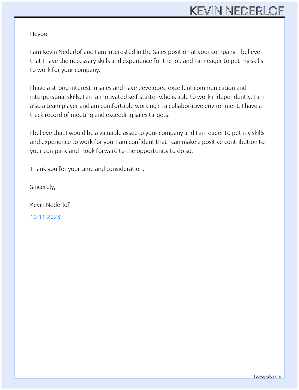 Sales At Heyoo Cover Letter