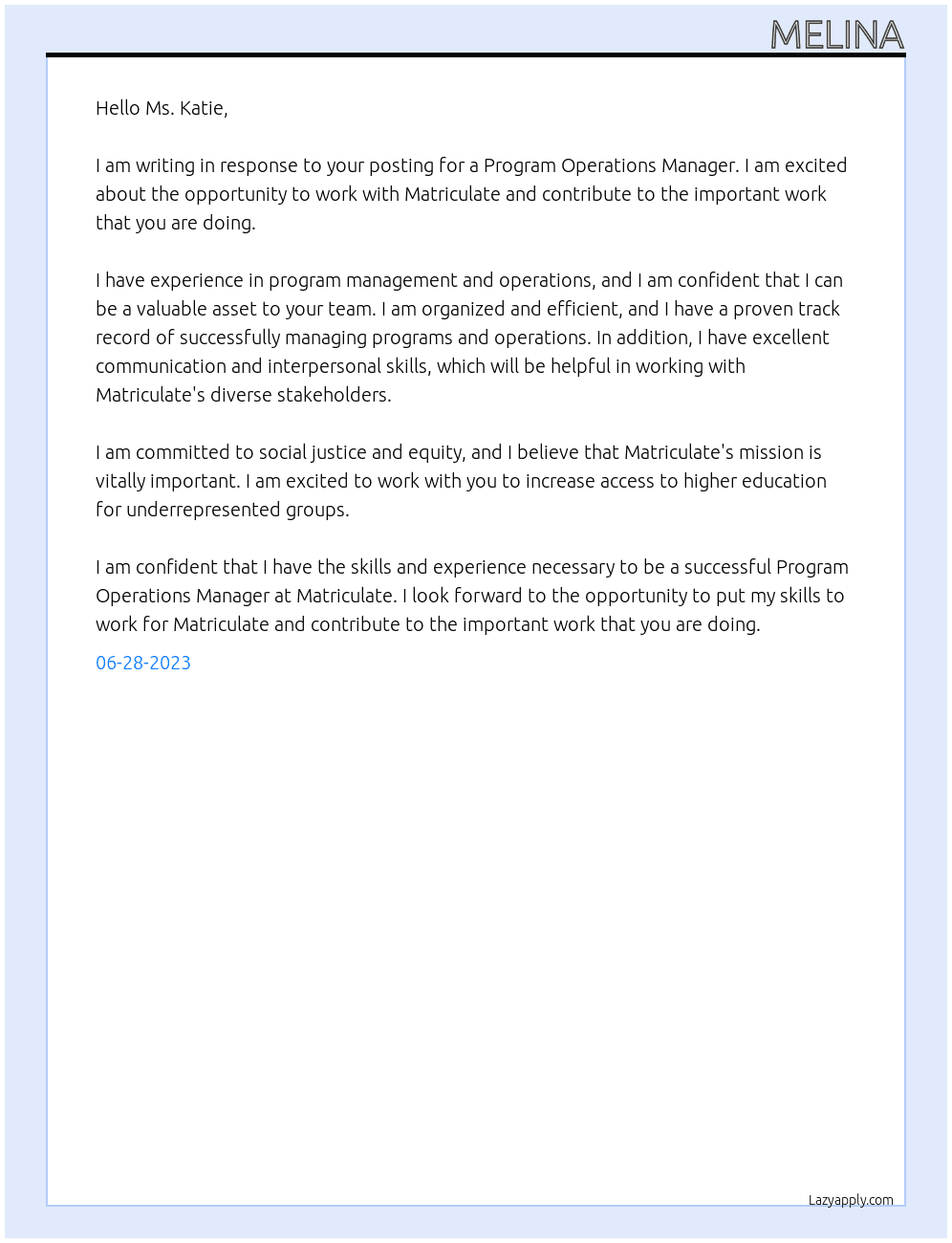 Program Operations Manager At Matriculate Cover Letter
