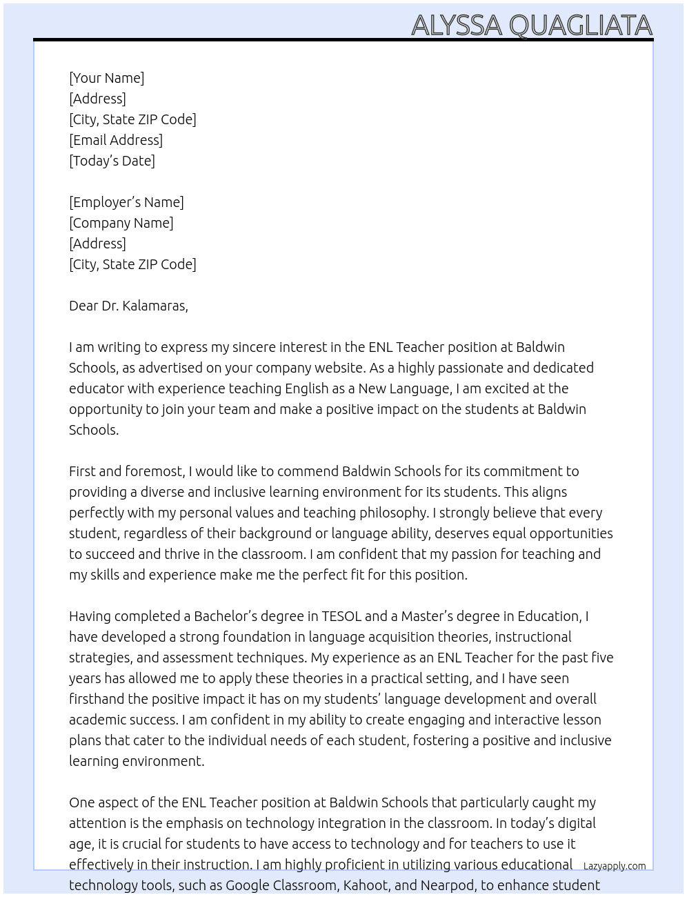 ENL Teacher At Baldwin Schools Cover Letter