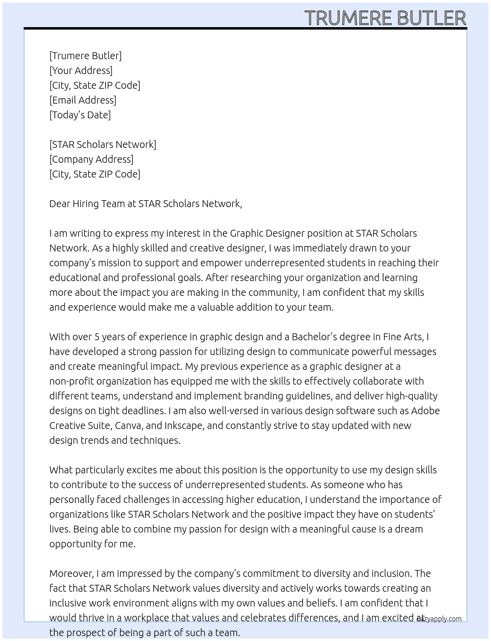 Graphic Designer At STAR Scholars Network Cover Letter