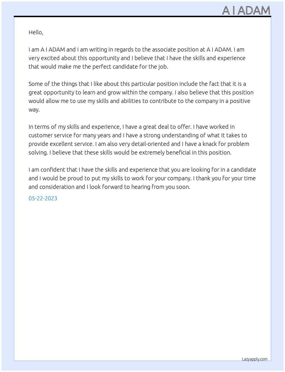 Associate  At A I ADAM Cover Letter