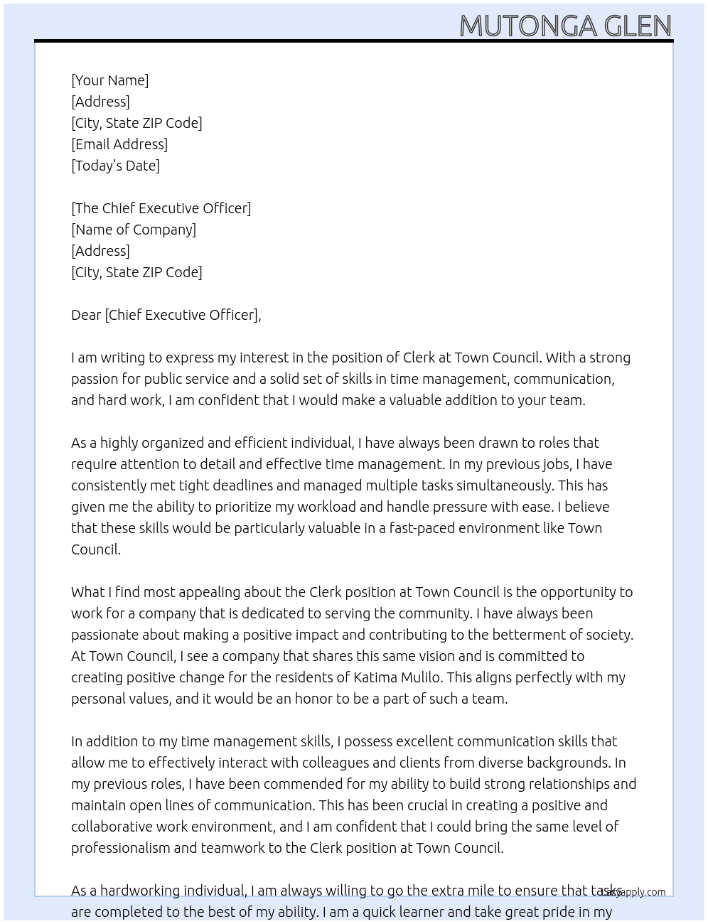 clerk At town council Cover Letter