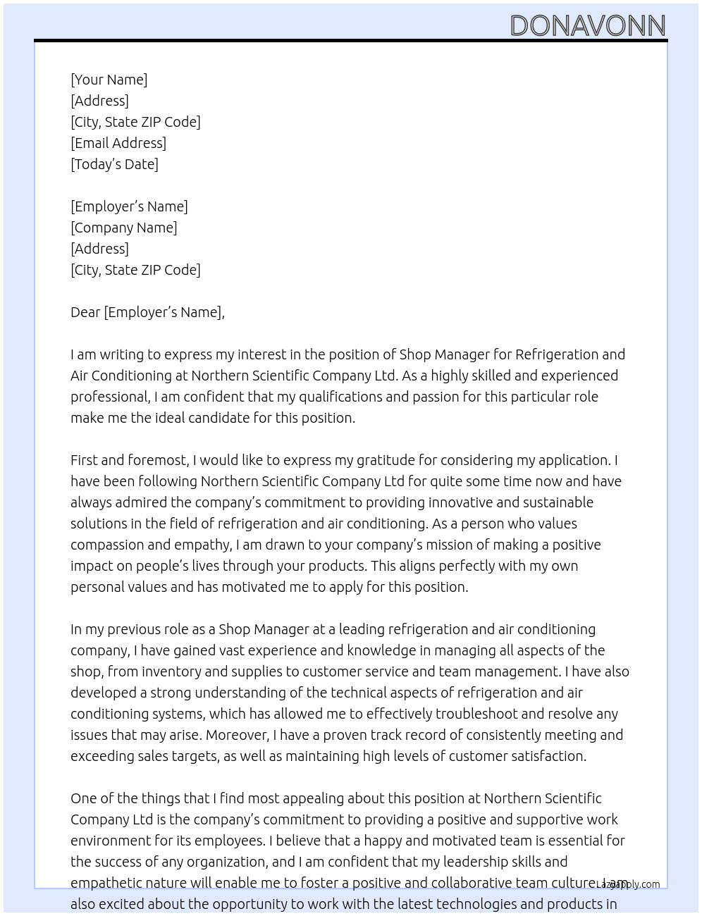 Refrigeratortion and air conditioning  At Northern scientific company ltd Cover Letter