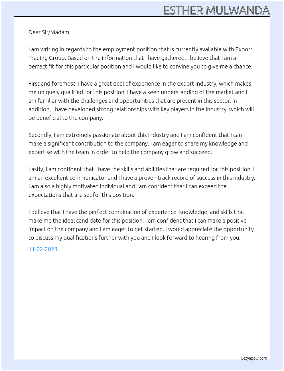 Employment At Export Trading Group Cover Letter