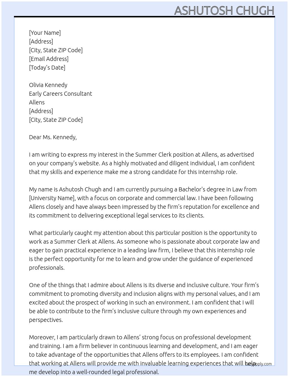 Summer Clerk At Allens Cover Letter
