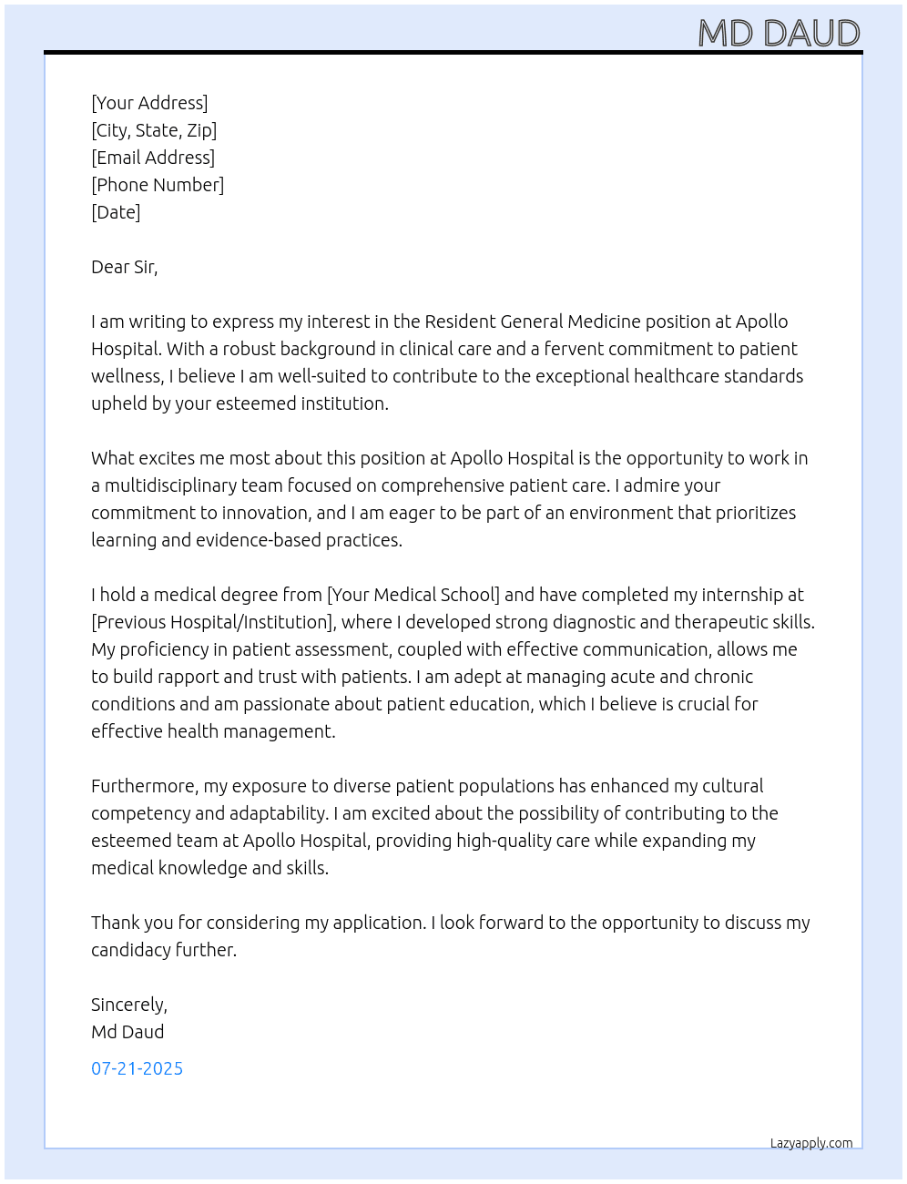 Cover letter for resident general medicine - LazyApply