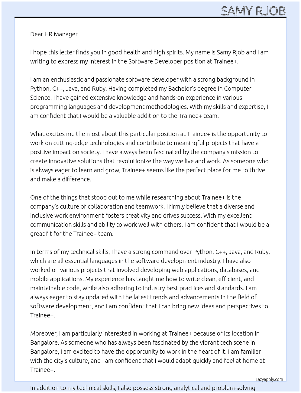 Software developper At Trainee+ Cover Letter