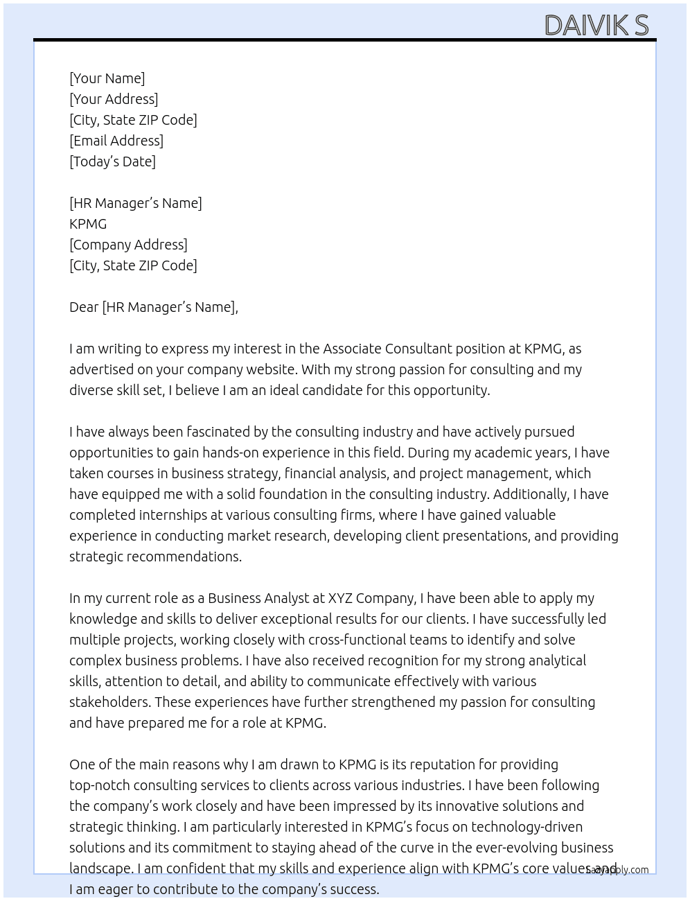 Associate consultant  At KPMG  Cover Letter