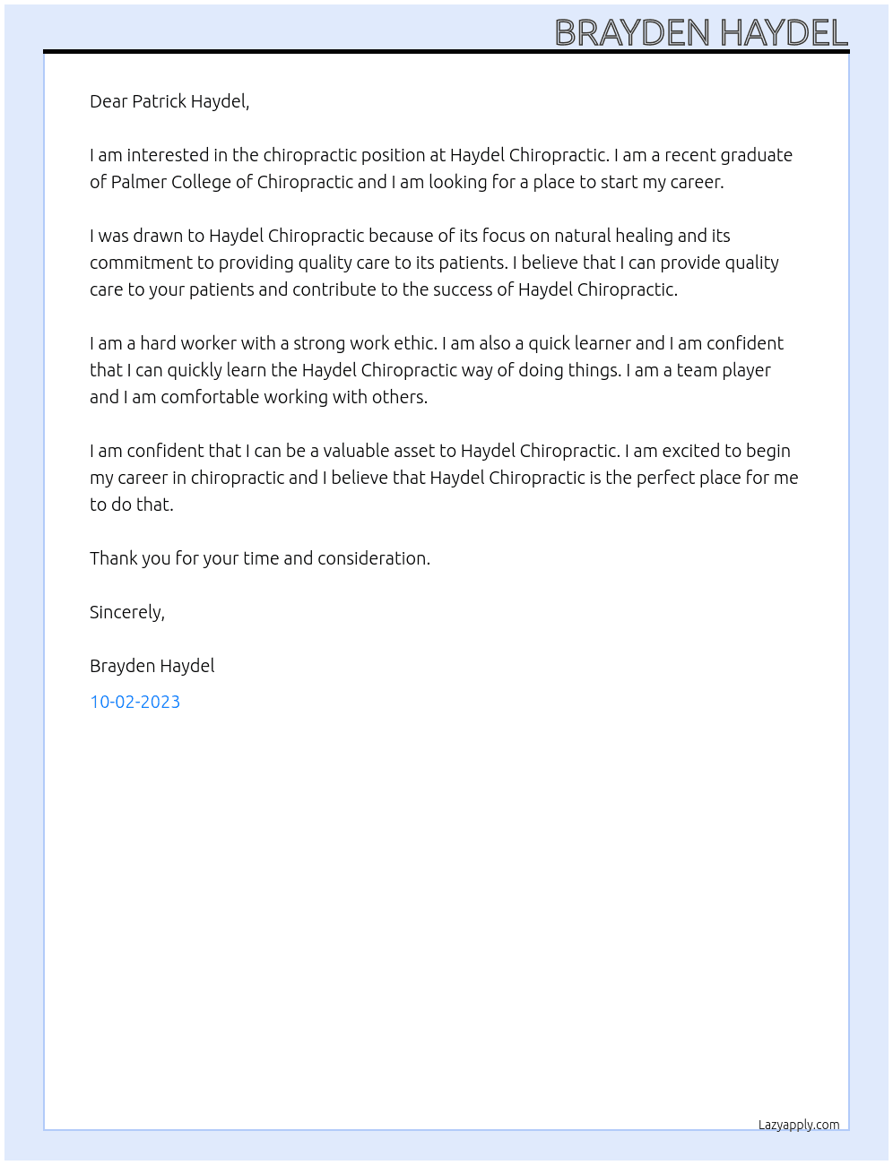 Chiropractor At Haydel Chiropratic Cover Letter