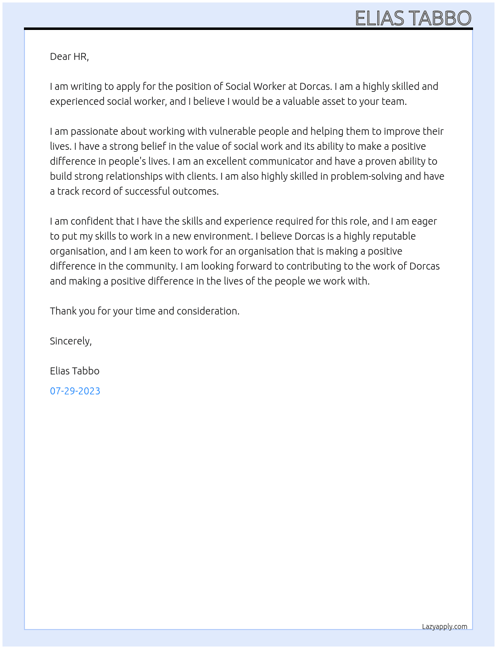 Social Worker At Dorcas Cover Letter