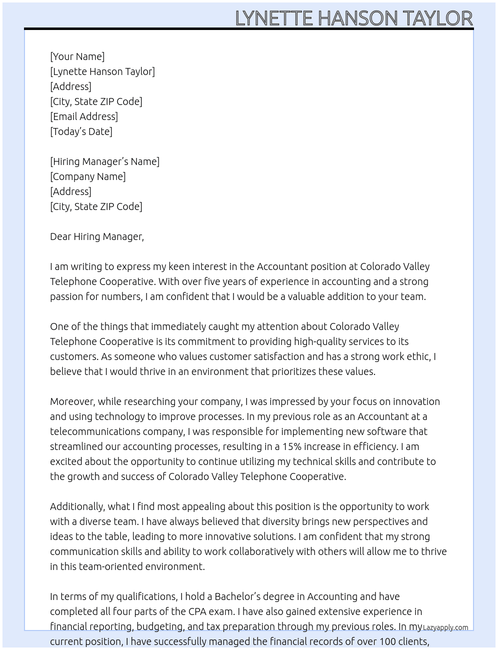 Accountant At Colorado Valley Telephone Cooperative Cover Letter